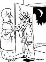 Drawing: a woman at the door greets her husband coming home late at night