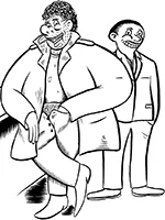 Drawing: two smiling men, one in an open coat