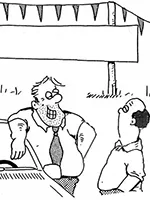 Drawing: at a picnic, a man walks up to a stranger leaning on a car