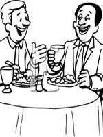 Drawing: two men at a table in a restaurant