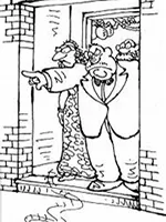 Drawing: a man in a suit being thrown out of a bar, someone pointing him to the exit