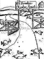Drawing: a ranch with a “Boneless Chicken Ranch” sign