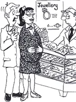 Drawing: a man and a young woman in a jewellery store