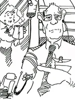 Drawing: a passenger on a plane and a flight attendant with coffee