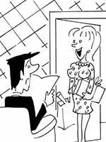 Drawing: a smiling woman comes home, her husband waiting for her in an armchair