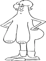 Drawing: caricature of a naked older woman