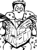 Drawing: a man reading a newspaper in bed