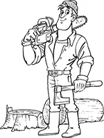 Drawing: a lumberjack with a chainsaw