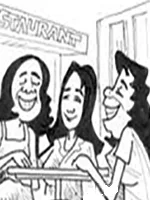 Drawing: three women talking and laughing