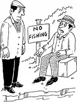 Drawing: a warden and a fisherman beside a “No fishing” sign