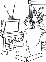 Drawing: a man sitting in an armchair in front of the TV