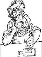Drawing: a drunk man sitting with a glass and a bottle