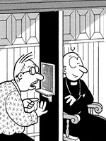 Drawing: a man at confession with a priest
