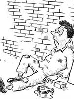 Drawing: a beggar sitting by a wall