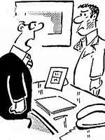 Drawing: a boss telling off an employee in his office