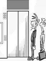 Drawing: a man and a boy in front of elevator doors